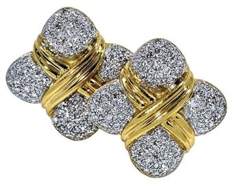 18k Yellow Gold Clover Motif Earrings Encrusted with Diamonds
