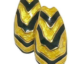 18K Yellow Gold Tiger Stripe Earrings with Black and Gold Enamel Stripes