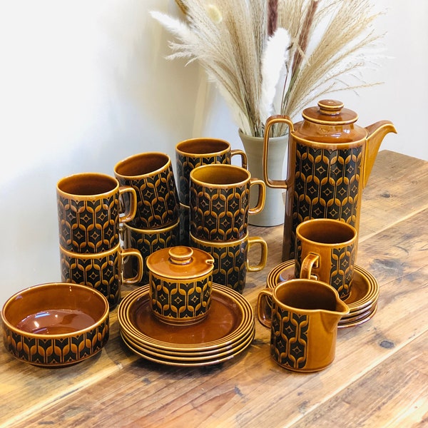 Hornsea Heirloom Pottery Tableware Tea Pot Mugs Tea Plates Saucers Milk Jug Sugar Pot Bowl 1970’s John Clappison Design Autumn Brown