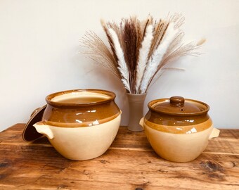 TG Green ‘Granville’ Stoneware Brown and Tan Glazed Casserole Cooking Bean Crock Pots With Lid Cornishware England