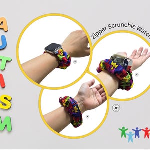 May include: A scrunchie watch band featuring a colourful puzzle piece pattern with a hidden zipper compartment. The band is shown in three circular views, including one with a watch face and one containing a small key with a Texas flag design.