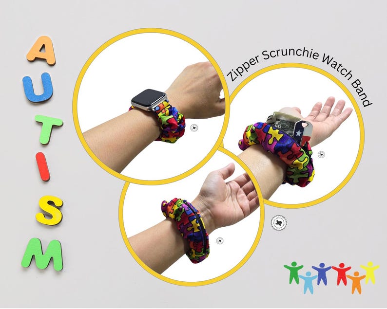 May include: A scrunchie watch band featuring a colourful puzzle piece pattern with a hidden zipper compartment. The band is shown in three circular views, including one with a watch face and one containing a small key with a Texas flag design.
