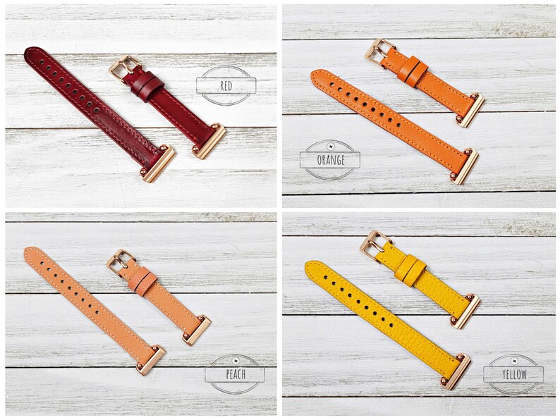 May include: Four leather watch straps in red, orange, peach, and yellow. Each strap has a gold-coloured buckle and connector. The words "RED", "ORANGE", "PEACH", and "YELLOW" are printed on the image.