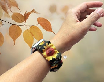 Cottagecore Sunflower Mushroom Scrunchie Apple Watch Band, Cotton