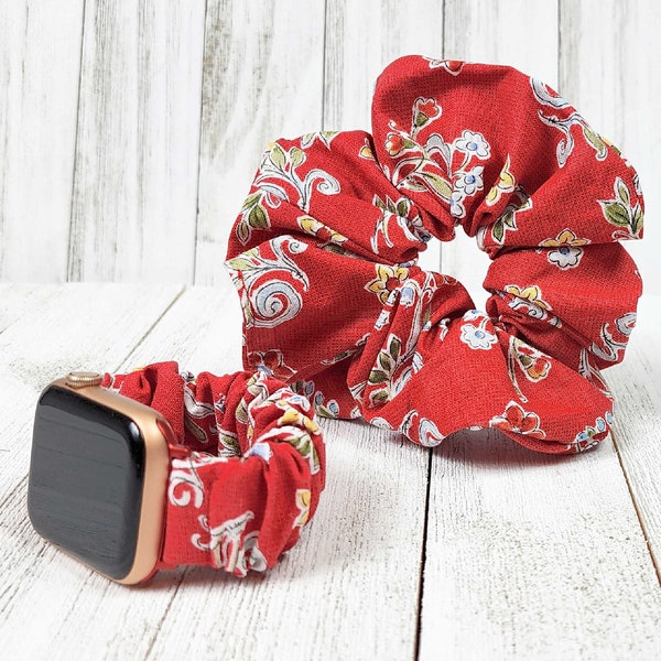 Red Floral Scrunchies Series Watch Band for Apple Watch, Fitbit Charge Sense Versa, 20mm Samsung Fossil Gizmo Garmin Q7