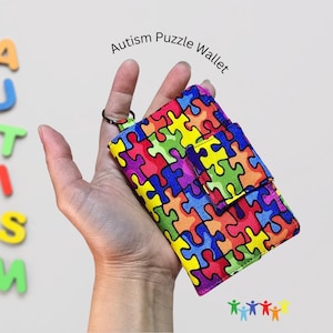Handmade Autism Puzzle Fabric Card Wallet with Keyring