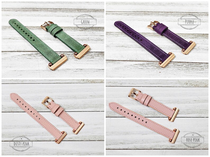 May include: Four watch straps in green, purple, dusty pink, and rose pink. Each strap has a gold-coloured buckle and connectors. The text "GREEN", "PURPLE", "DUSTY PINK", and "ROSE PINK" are in the image.