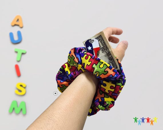Autism Puzzle Hair Scrunchies, Hair Ties with optional zipper pocket