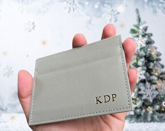 Personalized Dove Gray Saffiano Leather Card Holder | Hot Stamped Monogram