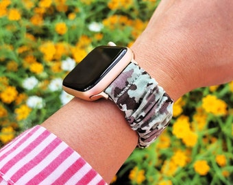 Camouflage Scrunchies Watch Band for Apple Watch 38/40/41/42/44/45/49mm ,Fitbit Sense 2, Fitbit Versa 4 3 2 Lite, Fitbit Charge 5