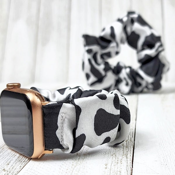 Black White Cow Print Scrunchies Watch Band for Apple Watch, Fitbit Charge Sense Versa, 20mm Samsung Fossil Gizmo Garmin Q7