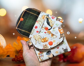 Mini Bag Charm Card Wallet | Attachable Keyring Pouch | Handmade Autumn Paws Dog & Pumpkin