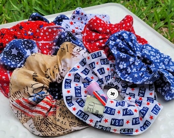 Patriotic Hair Scrunchie: 4th of July Cotton Hair Tie with Hidden Pocket