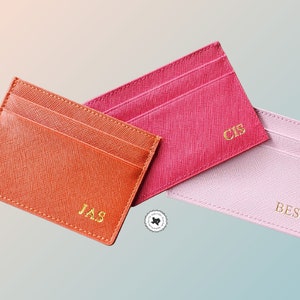 Porte-cartes de crédit monogramme personnalisé, noir bleu vert menthe orange rose rouge marron gris violet, porte-cartes minimaliste en cuir saffiano