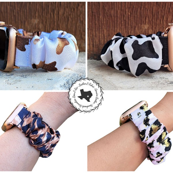 Leopard Cow Animal Print Series Scrunchies Watch Band for Apple Watch, Fitbit Sense 2, Versa 4 3 2 Lite, Samsung Active2 Watch4 Watch5