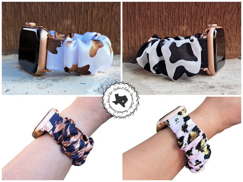 Op de afbeelding: Vier elastische horlogebandjes in scrunchie-stijl voor een smartwatch met een goudkleurige kast. De bandjes hebben diverse patronen, waaronder wit met bruine koeienvlekken, zwart-witte koeienvlekken, marineblauw met koperen luipaardvlekken en goudkleurige.