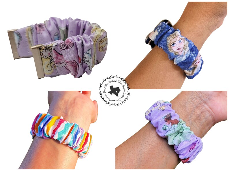 May include: Four different fabric watch bands with various colourful patterns and designs. The bands are made of soft, stretchy fabric and are designed to fit most wrist sizes. The bands are perfect for adding a touch of personality to your Apple Watch.