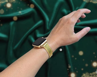 Metallic Gold Genuine Leather Watch Band for Apple Watch | Hidden Personalized Gift