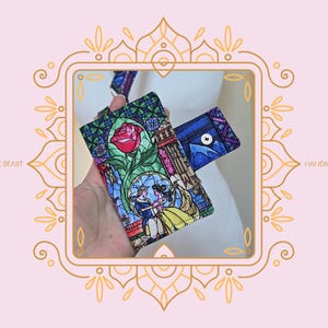 Cartera de tela para tarjetas de crédito de Disney La Bella y la Bestia hecha a mano con llavero y cordón a juego opcional.