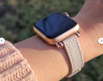Elegant Beige Leather Watch Band for Apple Watch and Fitbit Versa Sense | Personalized Gift