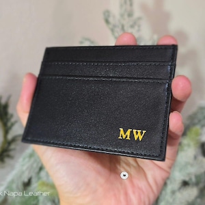 Tarjetero con monograma personalizado, billetera minimalista de piel de napa negra