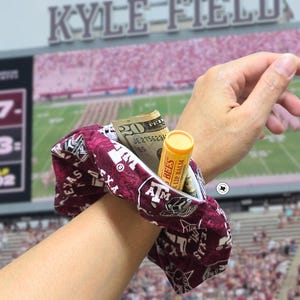 Jumbo Hair Scrunchie with Zipper Pocket | Maroon and White | TX College Football Fan Accessory