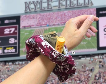 Jumbo Hair Scrunchie with Zipper Pocket | Maroon and White | TX College Football Fan Accessory