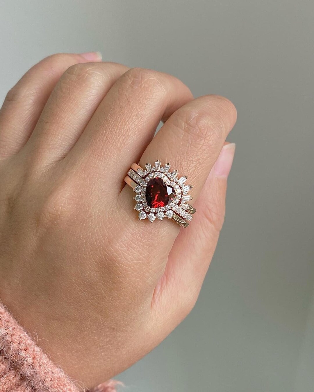 Red Heart Shape Engagement Ring Set Vintage Style Heart Shaped Diamond