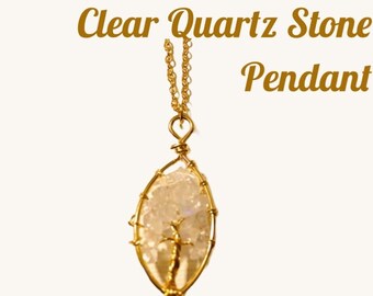 Clear Quartz Energy Healing Crystal Stone Tree of Life Pendant Gold Necklace Energy Cleansing Stone