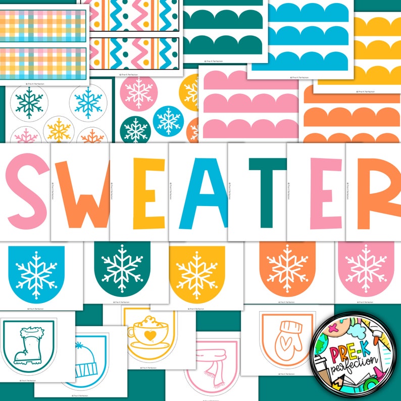 May include: A set of printable winter-themed classroom decorations featuring the word "SWEATER" in colorful letters, snowflakes, and winter-themed illustrations. The illustrations include a boot, a hat, a scarf, a mitten, and a cup of hot chocolate.