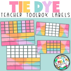 May include: Tie dye themed teacher toolbox labels with a pink, yellow, and blue color scheme. The labels are blank and ready to be customized. The labels are in a grid format with 6 rows and 6 columns. The labels are perfect for organizing a teacher's toolbox.