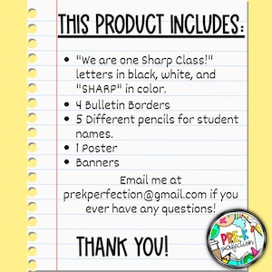 May include: A handwritten note on lined paper listing the contents of a classroom decor product. The product includes "We are one sharp class!" letters in black, white, and "SHARP" in color, 4 bulletin borders, 5 different pencils for student names, 1 poster, and banners. The note also includes an email address for questions and a thank you message.