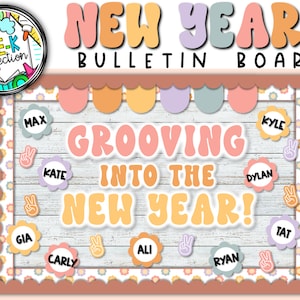 Grooving into the NewYear Bulletin Board | Retro Groovy New Year&#39;s Bulletin Board | NYE 2023 Classroom Decor