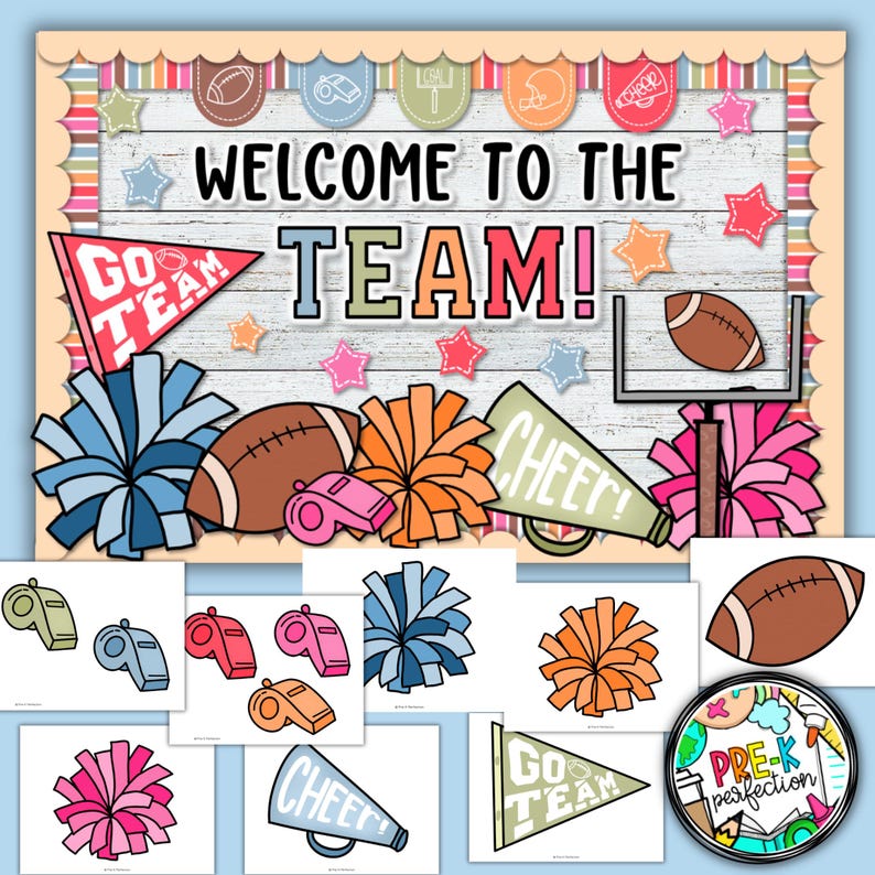 May include: A printable bulletin board set with a white wood background and the text "Welcome to the Team!" in red, green, and blue. The bulletin board is decorated with stars, a football, a whistle, and cheerleading pom-poms in blue, orange, and pink.