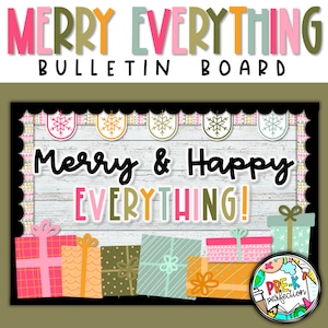 Könnte beinhalten: Ein Bulletin Board mit einem weißen Holzmaserungshintergrund und dem Text "Merry & Happy EVERYTHING!" in Schwarz. Das Board ist mit einem Banner aus Schneeflocken und Geschenken in verschiedenen Farben und Mustern verziert.
