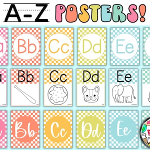 Pôsteres de A a Z com padrão xadrez | Download digital | Decoração de sala de aula inspirada nos anos 90 | Pôsteres do alfabeto