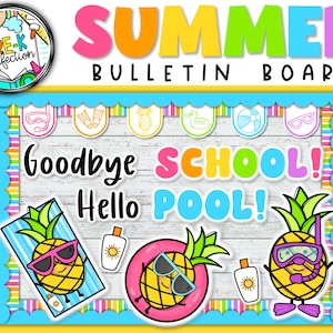 Tablón de anuncios de Adiós Colegio Hola Piscina / Decoración de verano / Tablón de anuncios de fin de año / Cuenta regresiva para el verano / ¡Hola verano!