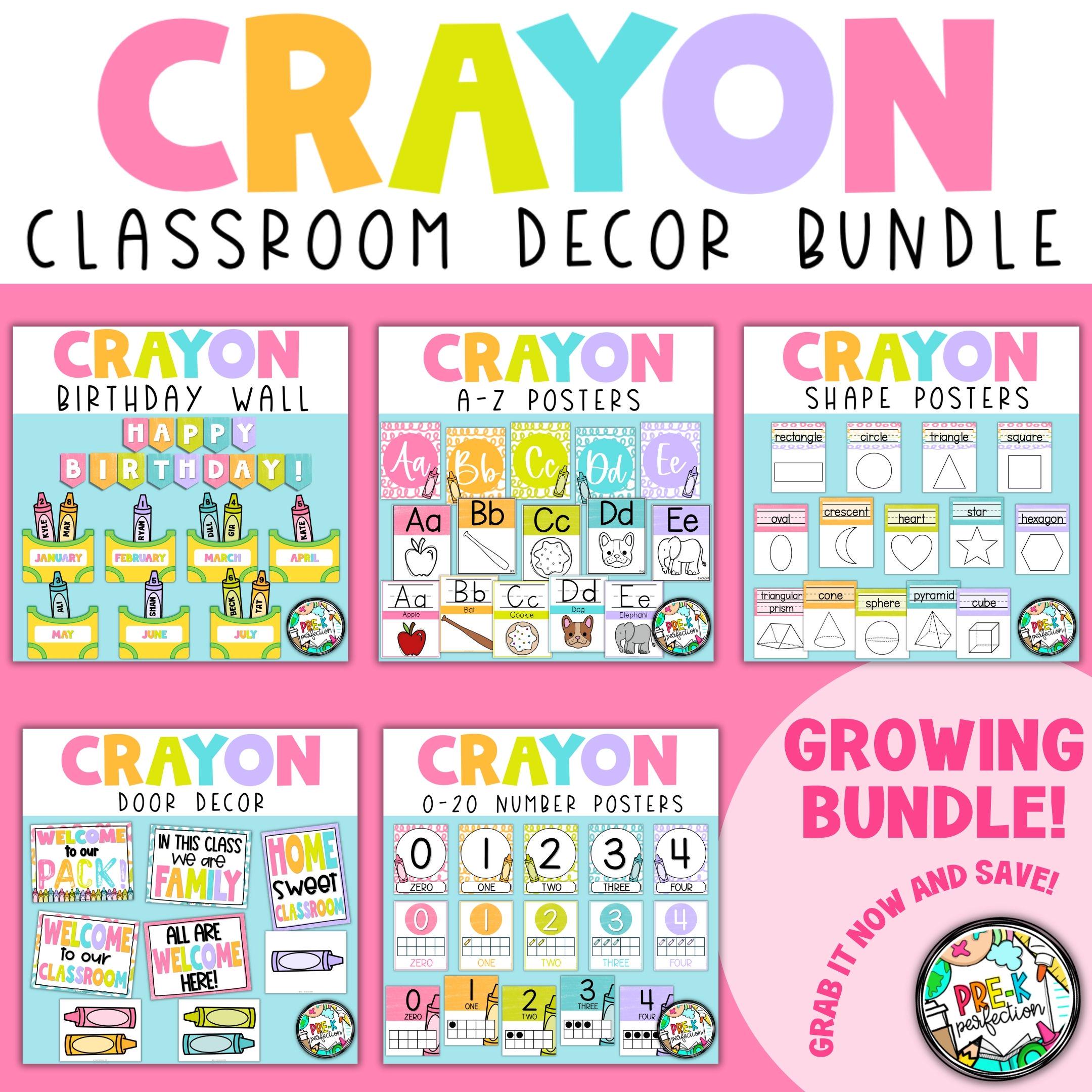Crayon Classroom Decor Bundle, Kindergarten Classroom Decor, Crayon Brights, Back to School Decor