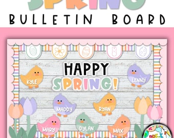 以下が含まれることがあります： 木製の背景と「Happy Spring!」と書かれた白いバナーが付いたカラフルな掲示板。掲示板は、パステルカラーの花、卵、鳥で飾られています。また、子供たちの名前のタグが、色違いの鳥と一緒に付いています。