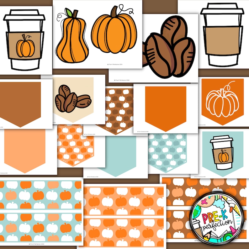 May include: A collection of fall-themed digital graphics featuring pumpkins, coffee cups, and coffee beans. The graphics include pennant banners and patterned backgrounds in shades of orange, brown, and blue. The image also includes the text "Pre-K Perfection".