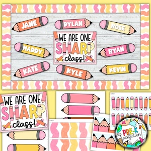 May include: A classroom bulletin board with a pink and yellow wavy border. The board has a sign that says "We are one sharp class!" and several pencil-shaped name tags with names like "Jane", "Dylan", "Rose", "Maddy", "Kate", "Kyle", "Ryan", and "Kevin".