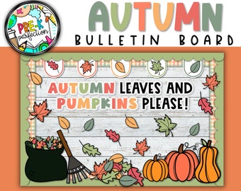 Decoración de tablón de anuncios con hojas de otoño y calabazas (descarga digital)