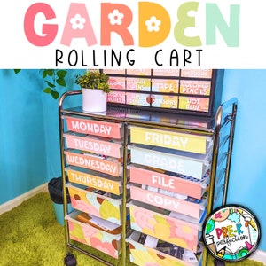 Garten Klassenzimmer Dekor | Rollwagen mit 12 Schubladen Regenbogen Blumen Dekor