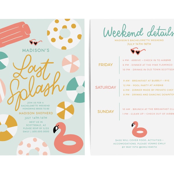 Last Splash Bachelorette Party Invitation, Bachelorette weekend Itinerary, Editable Template, Bachelorette pool party invitation, BCH-001