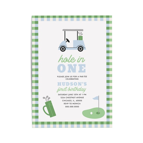 Hole In One First Birthday Invitation | Golf Themed Birthday Invite | Personalized Birthday Invitation Template | Templett FBD-001