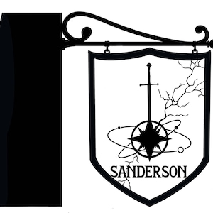 May include: Black and white silhouette of a sign with a compass, sword, and the text "SANDERSON".