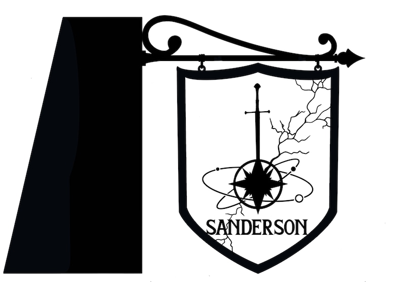 May include: Black and white silhouette of a sign with a compass, sword, and the text "SANDERSON".