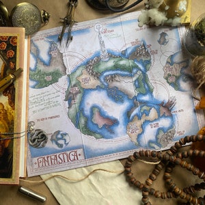 Een kaart van Fantastica (Fantasia) uit het oneindige verhaal van Ende, fantasiekaart, kinderfictie, nostalgie, leesgrage lezersafdruk