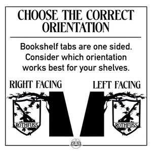 May include: Black and white illustration showing two different orientations for bookshelf tabs. The text reads "Choose the Correct Orientation" and "Bookshelf tabs are one sided. Consider which orientation works best for your shelves." The illustration shows a tab with the text "ROTHFUSS" on it, labeled "Right Facing" and "Left Facing".