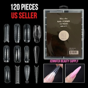 May include: Clear nail forms, 120 pieces, are displayed with a box of nail forms. The box reads "Miss Ana Nail Forms" and "Size 0-11." Two images show a nail form being used to create a long, pink nail.